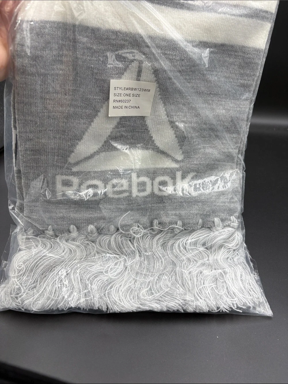 Brand New Reebok Gray & White Logo Knit Scarf with Fringe